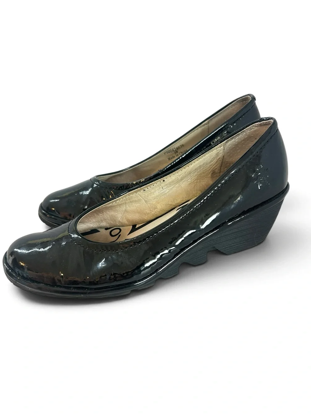 FLY London Yoni Wedge Pump  Black Patent Leather Slip in Size 38 US 7.5-8